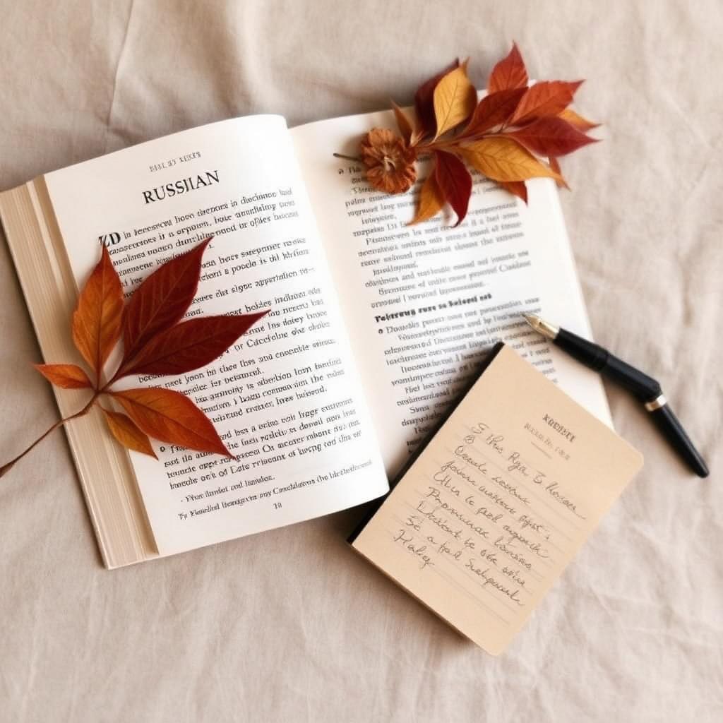 Открытая книга на русском, ручка и заметки — материалы для занятий